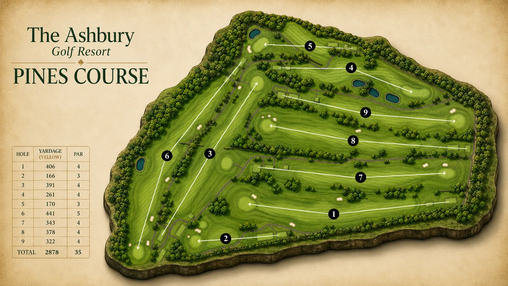 Illustrated map of the Pines Course at The Ashbury Golf Resort on aged parchment, the whole nine-hole layout cut out as a raised island of fairways, woodland and lakes, with each hole numbered in a black marker and an arrow drawn from tee to green, and a scorecard table at the left listing the yellow-tee yardage and par of every hole, totalling 2,878 yards and par 35.