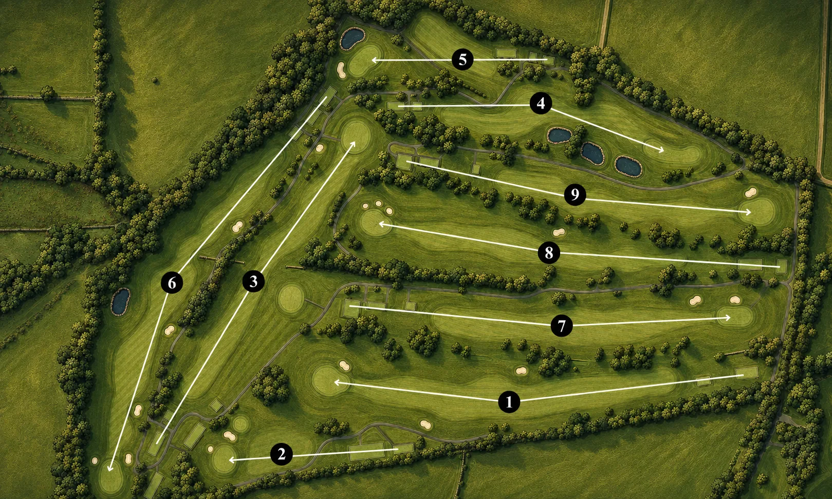 The same aerial view of the Pines Course under low sunset light, the greens deepened to a warm olive and the woodland in shadow, with the numbered holes and their arrows still marked.