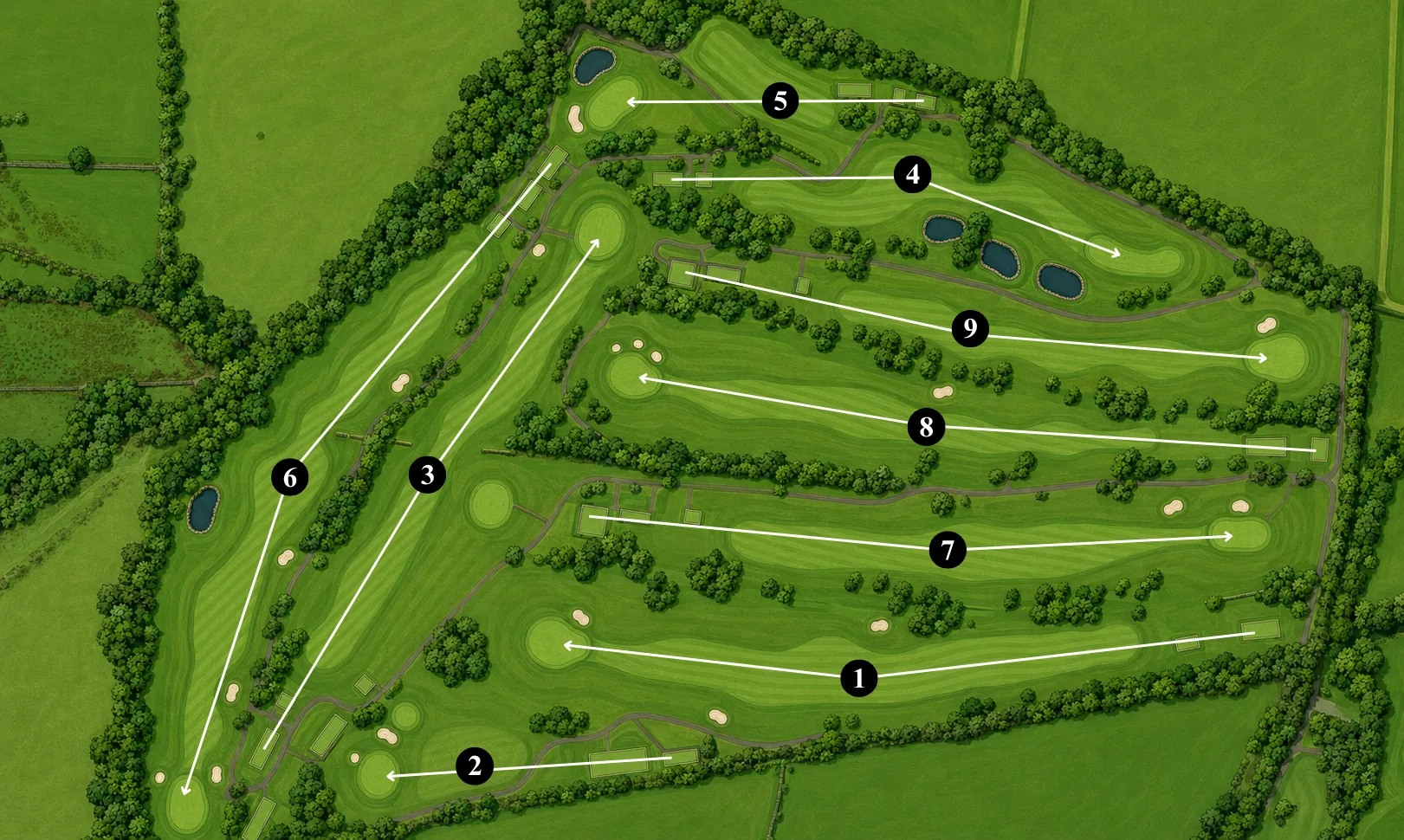 Aerial photograph of the Pines Course in bright summer light, the nine holes numbered in black markers with white arrows running from each tee to its green, showing the mown fairway stripes, bunkers, three small lakes beside the fourth green and the belts of trees dividing the holes.